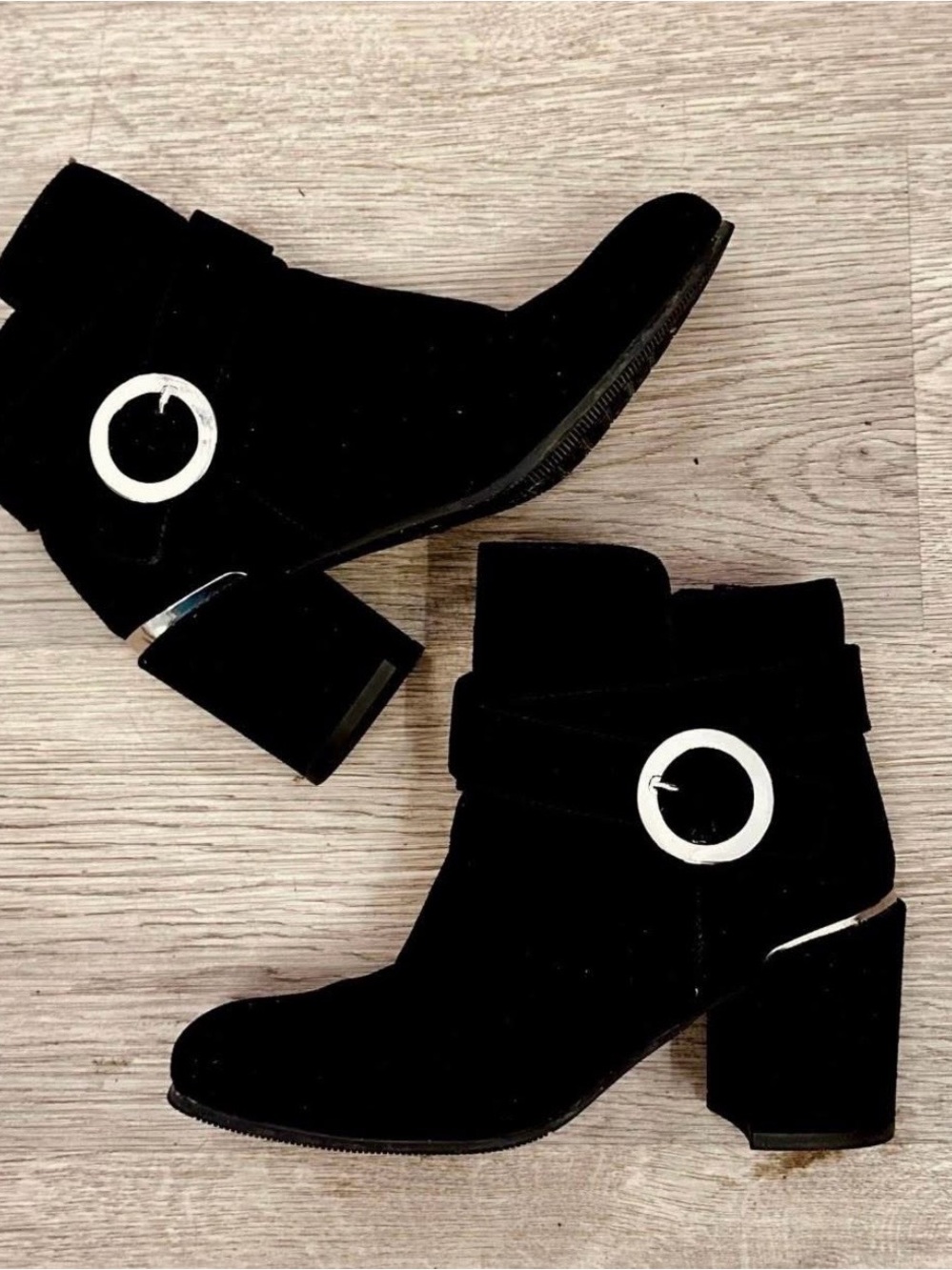 Valdini Black Suede Block Heel Ankle Boots with Silver Ring Detail